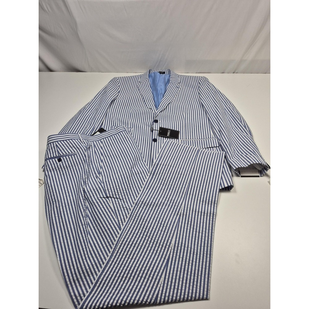 Inserch Seersucker Suit Mens 52 Blue Cotton Stripe 2 Piece 46x36 Summer NWT